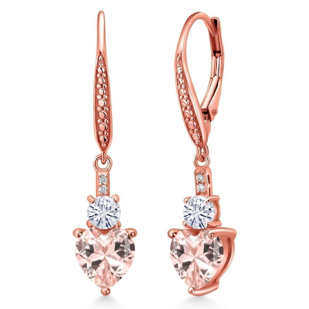 18K Rose Gold with 2.99 Cttw Peach Morganite and Moissanite Heart Drop Earrings